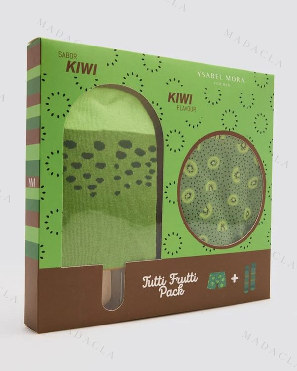 Pack Tutti Frutti sabor kiwi: calzoncillo y calcetines a juego, con estampado de rodajas de kiwi sobre verde y detalles en naranja. Van juntos, en su caja.