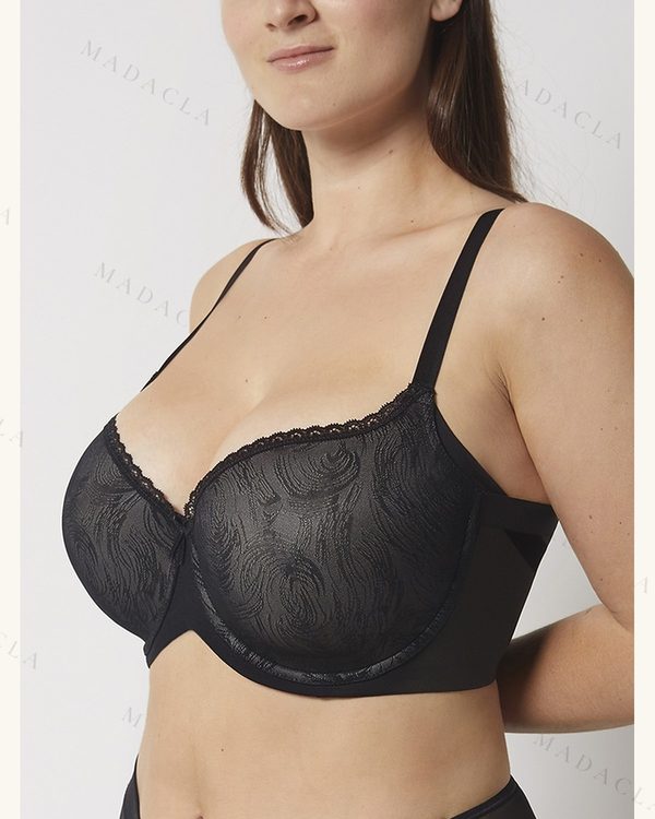 Sujetador negro con aros, copas de tejido liso con estampado de ondas y fino encaje en el borde superior, con tirantes ajustables y un lazo frontal.