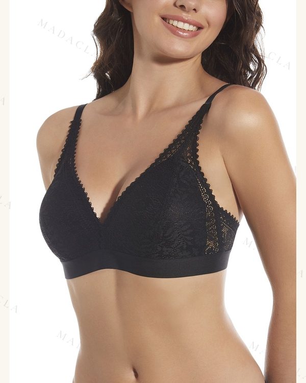 Sujetador tipo bralette negro con copas de encaje floral. Presenta una banda inferior lisa y tirantes finos con detalle de encaje festoneado.