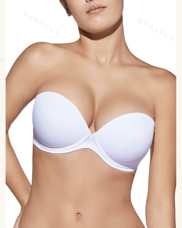 Sujetador blanco sin tirantes, con aros y copas lisas preformadas de escote pronunciado.