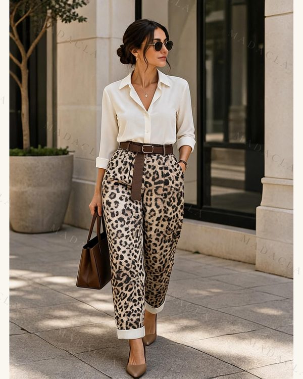 Pantalón largo de tiro alto con estampado de leopardo y bolsillos laterales. Lleva trabillas y un cinturón marrón con hebilla metálica.