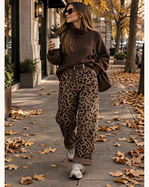Pantalón largo con estampado de leopardo, tiro alto, cintura elástica con trabillas y bajo vuelto.