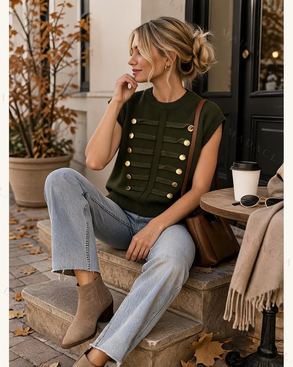 Jersey verde oscuro de punto sin mangas, cuello redondo y corte recto a la cadera, adornado delante con trabillas horizontales y botones dorados.