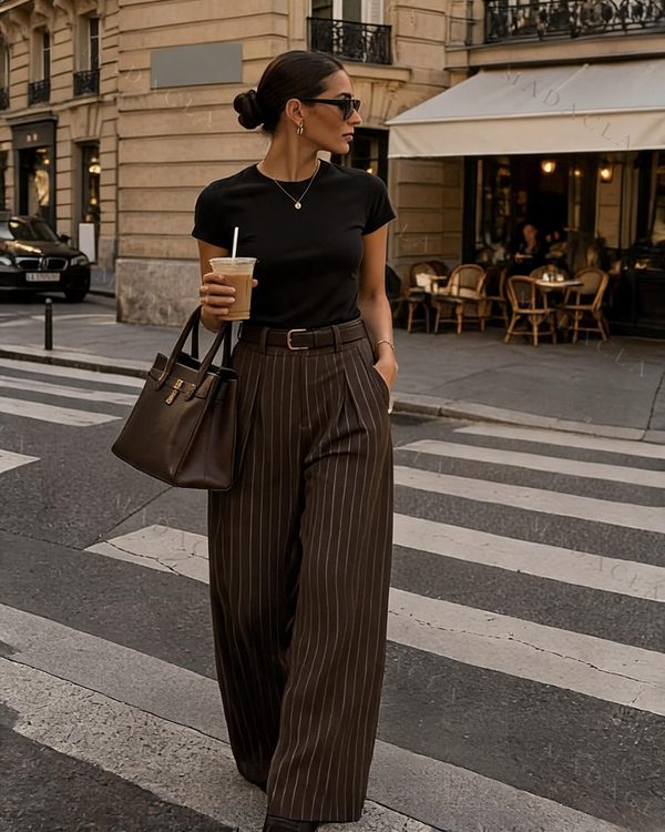 Pantalón largo de vestir en color marrón oscuro con rayas diplomáticas claras. Es de tiro alto con trabillas, bolsillos laterales y pinzas en la cintura.