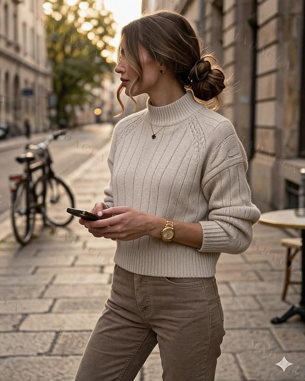 Jersey de punto color beis con cuello vuelto alto, manga larga ranglán, canalé vertical y bajo elástico.