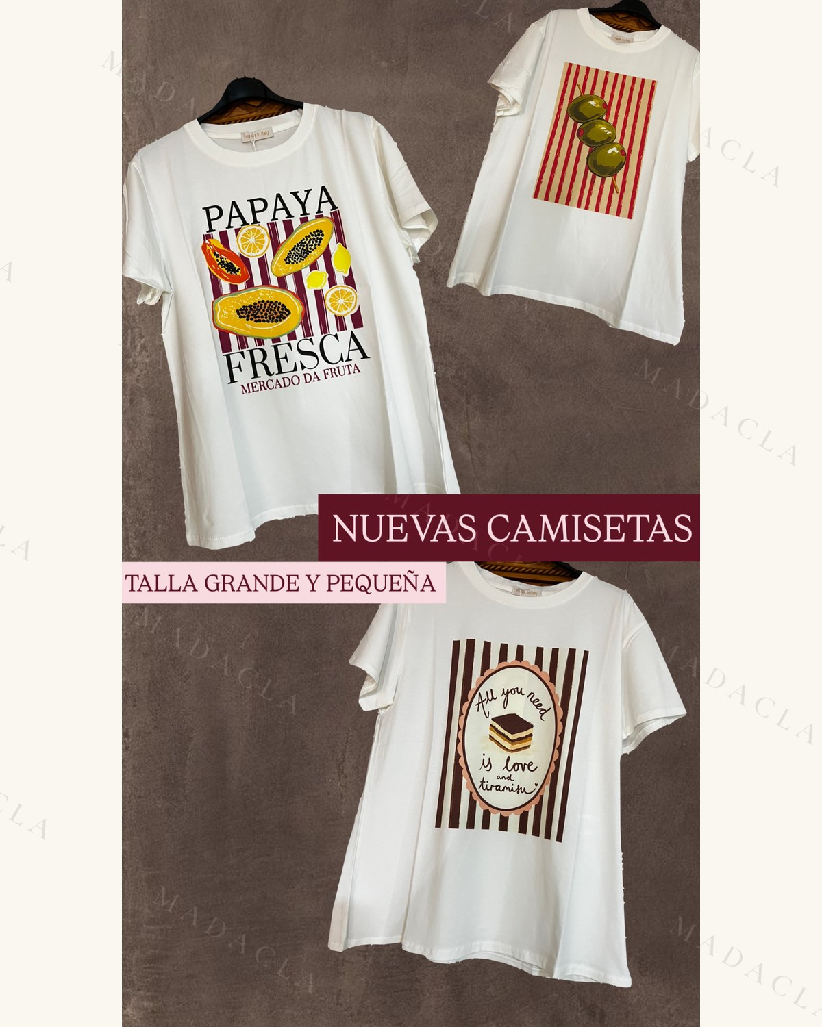 Estas tres camisetas de manga corta son de color blanco, con cuello redondo y corte recto. Cada una luce un estampado frontal diferente: papaya, aceitunas o tiramisú, sobre fondos de rayas. Se venden por separado: puedes llevarte solo el que quieras, no hace falta el conjunto entero.