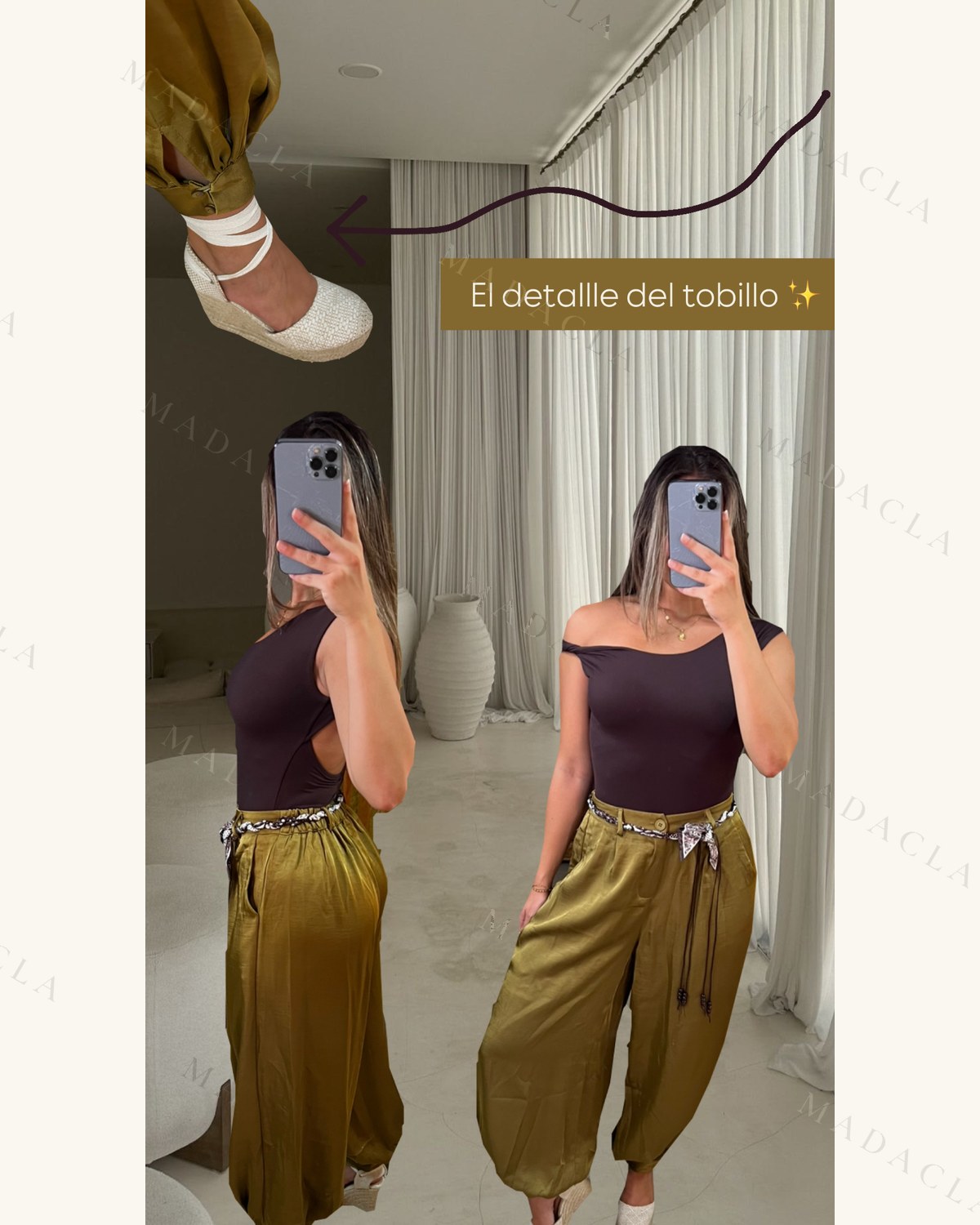 Pantalón satinado verde caqui, de corte ancho tobillero con cordones en la cintura. Top marrón oscuro asimétrico. Cuñas blancas de esparto con cintas. Se venden por separado: puedes llevarte solo el que quieras, no hace falta el.